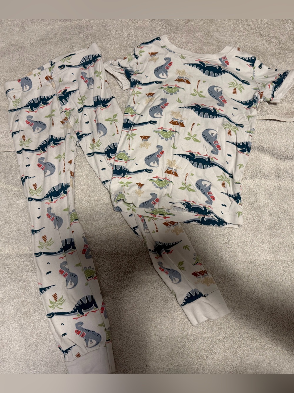 Old Navy White Dino Print Kids Pajama Set with Blue and Gray Dinosaurs